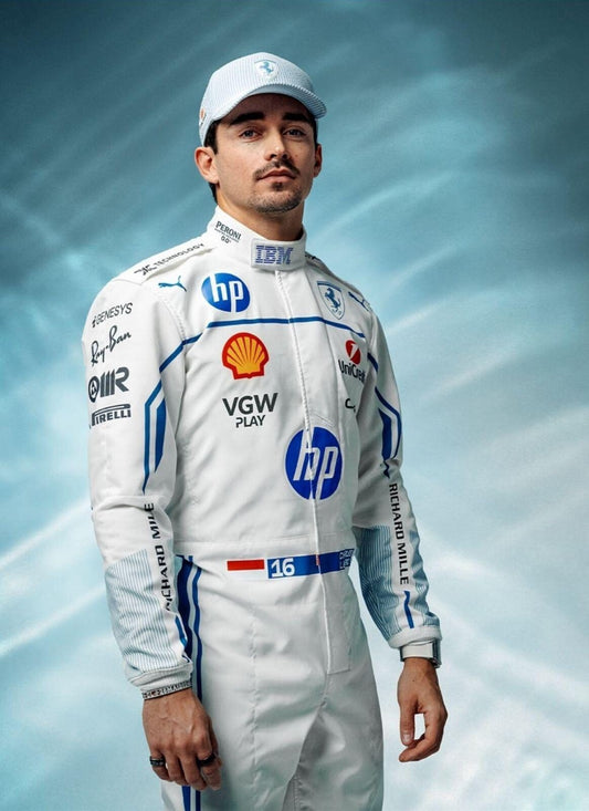 F1 Charles Leclerc Ferrari Monaco White and Blue Karting Suit – Printed Design for Fans & Racers