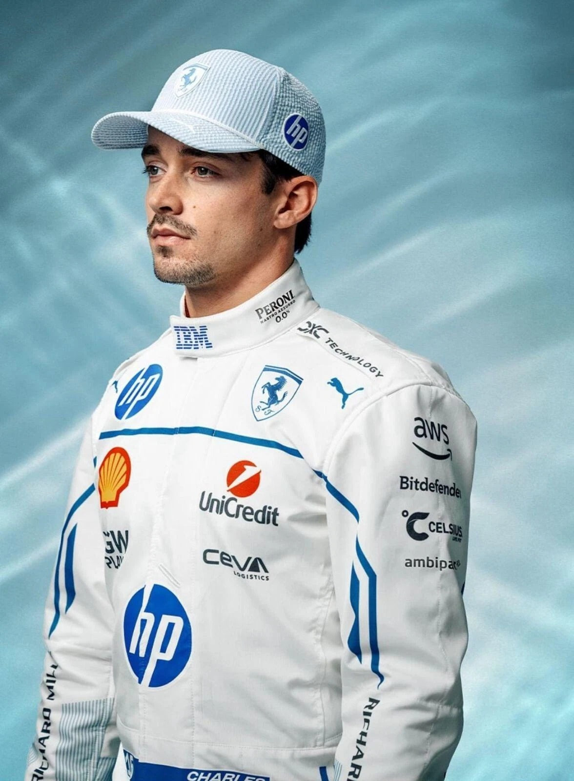 F1 Charles Leclerc Ferrari Monaco White and Blue Karting Suit – Printed Design for Fans & Racers